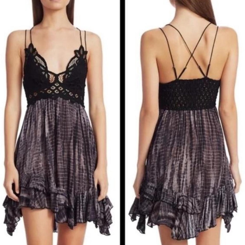 Free People Adella Lace-Trim Tie-Dye Dress in Black/Grey